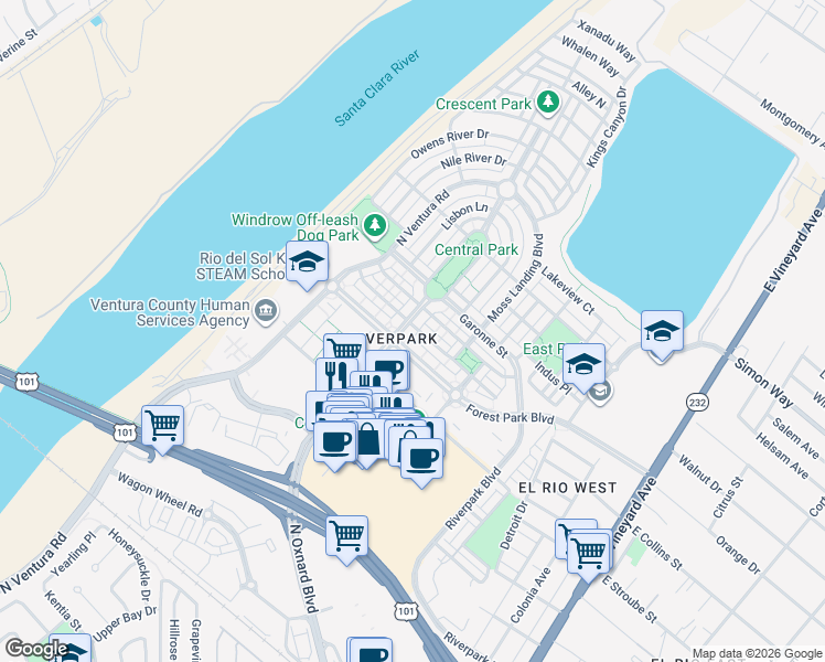 map of restaurants, bars, coffee shops, grocery stores, and more near 3014 North Oxnard Boulevard in Oxnard