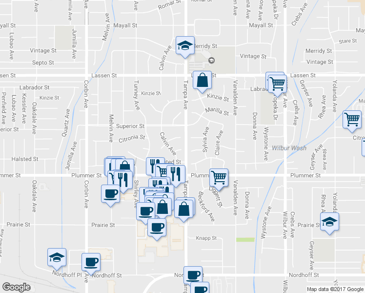 map of restaurants, bars, coffee shops, grocery stores, and more near 19303 Itasca Street in Los Angeles