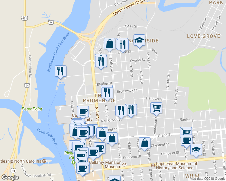 map of restaurants, bars, coffee shops, grocery stores, and more near 801 North 5th Avenue in Wilmington