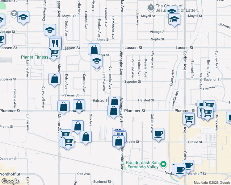 map of restaurants, bars, coffee shops, grocery stores, and more near 20119 Itasca Street in Los Angeles
