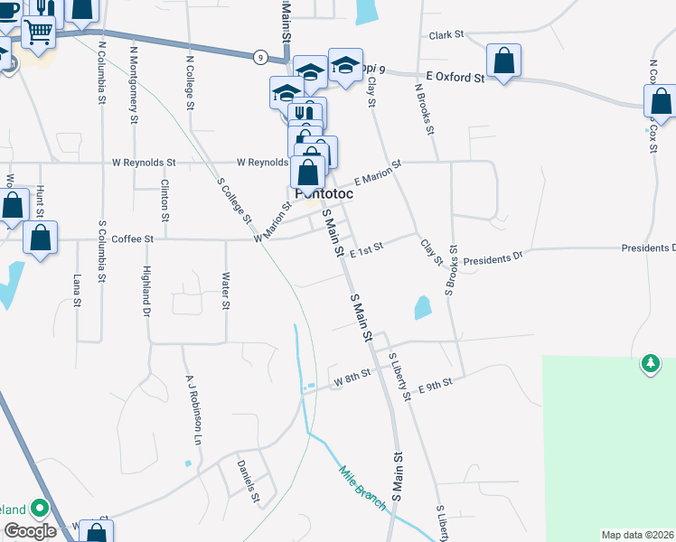 map of restaurants, bars, coffee shops, grocery stores, and more near 107 South Main Street in Pontotoc