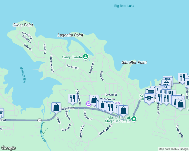 map of restaurants, bars, coffee shops, grocery stores, and more near 429 Dixie Lane in Big Bear Lake