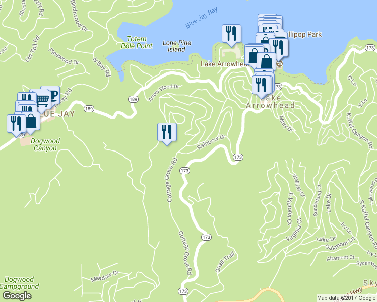 map of restaurants, bars, coffee shops, grocery stores, and more near 27828 Rainbow Drive in Lake Arrowhead