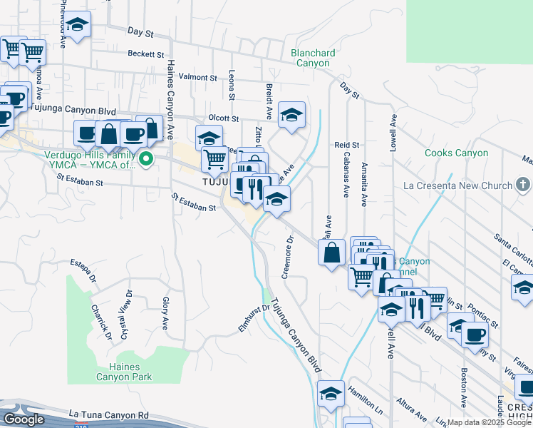 map of restaurants, bars, coffee shops, grocery stores, and more near 6500 Foothill Boulevard in Los Angeles