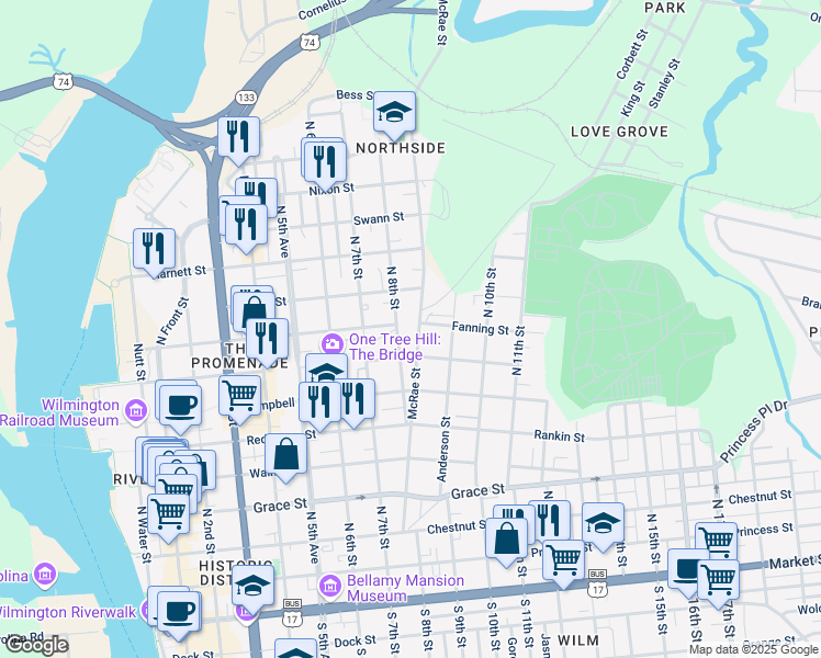 map of restaurants, bars, coffee shops, grocery stores, and more near 719 Mcrae St in Wilmington