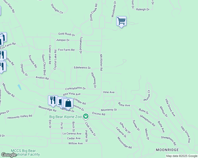 map of restaurants, bars, coffee shops, grocery stores, and more near 889 McAlister Road in Big Bear