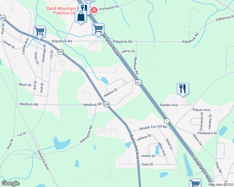 map of restaurants, bars, coffee shops, grocery stores, and more near 114 Adams Drive in Albertville