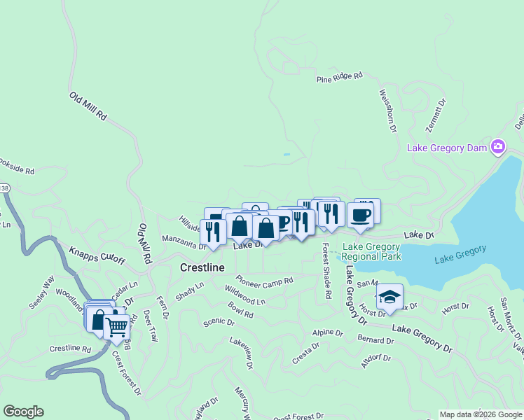 map of restaurants, bars, coffee shops, grocery stores, and more near 23895 Zuger Drive in Crestline