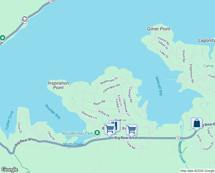 map of restaurants, bars, coffee shops, grocery stores, and more near 39172 Chincapin Road in Big Bear Lake