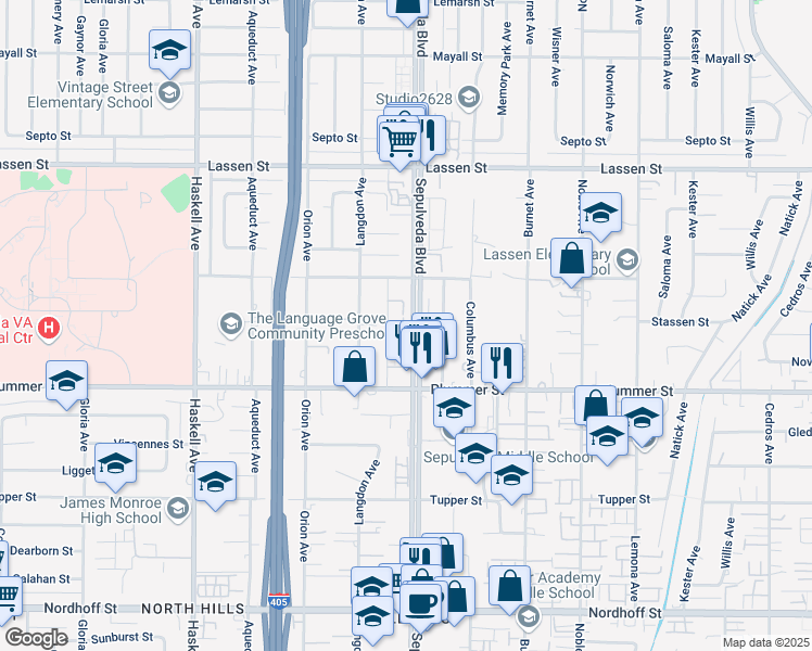 map of restaurants, bars, coffee shops, grocery stores, and more near 9601 Sepulveda Boulevard in Los Angeles