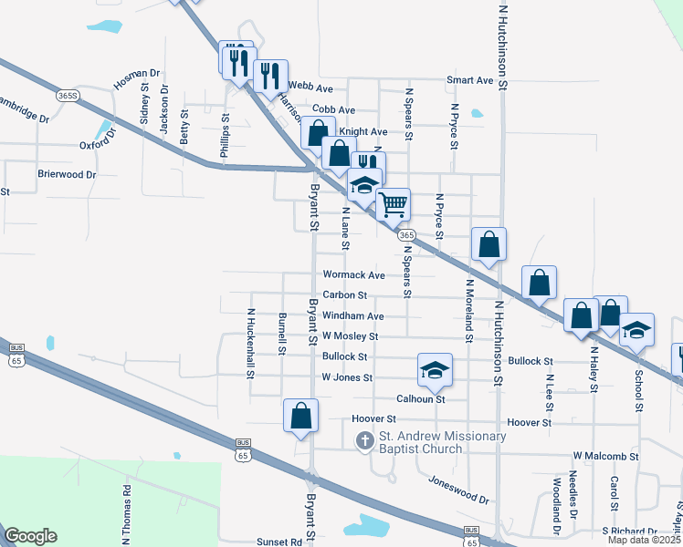 map of restaurants, bars, coffee shops, grocery stores, and more near 1700 North Lane Street in Pine Bluff