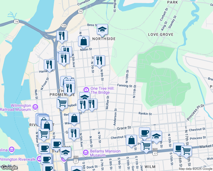 map of restaurants, bars, coffee shops, grocery stores, and more near 719 Mcrae St in Wilmington