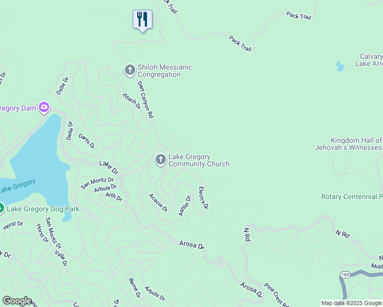 map of restaurants, bars, coffee shops, grocery stores, and more near 25115 Moon Drive in Crestline