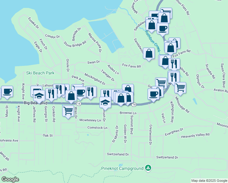 map of restaurants, bars, coffee shops, grocery stores, and more near 41771 Park Avenue in Big Bear Lake