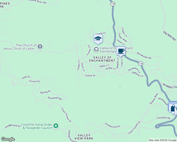 map of restaurants, bars, coffee shops, grocery stores, and more near 467 Boothe Lane in Crestline
