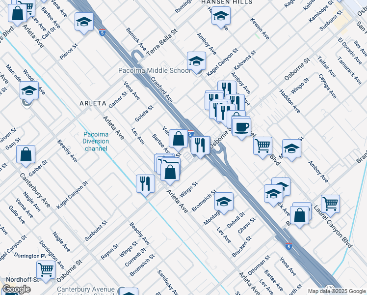 map of restaurants, bars, coffee shops, grocery stores, and more near 9627 Vena Avenue in Los Angeles