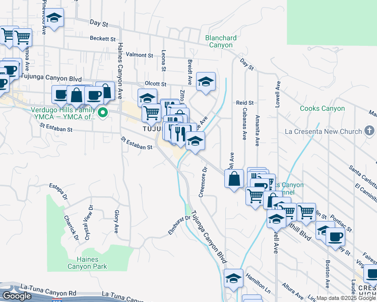 map of restaurants, bars, coffee shops, grocery stores, and more near 6501-102 Foothill Boulevard in Los Angeles