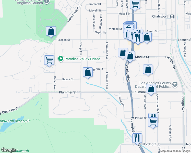 map of restaurants, bars, coffee shops, grocery stores, and more near 9612 Rudnick Avenue in Los Angeles