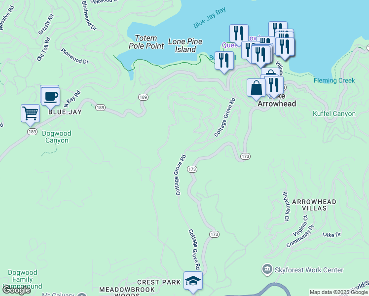 map of restaurants, bars, coffee shops, grocery stores, and more near 480 Cottage Grove Road in Lake Arrowhead