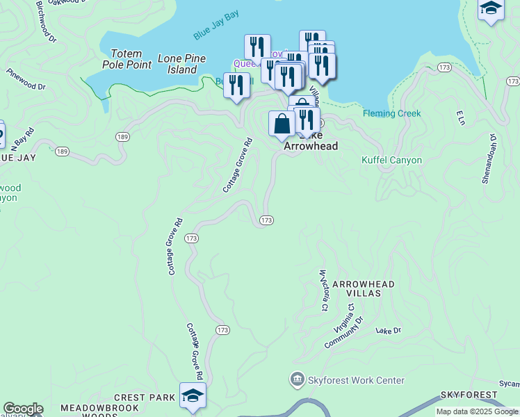 map of restaurants, bars, coffee shops, grocery stores, and more near 27992 Rainbow Drive in Lake Arrowhead