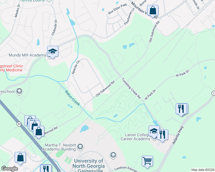 map of restaurants, bars, coffee shops, grocery stores, and more near 3100 Old Oakwood Road in Oakwood