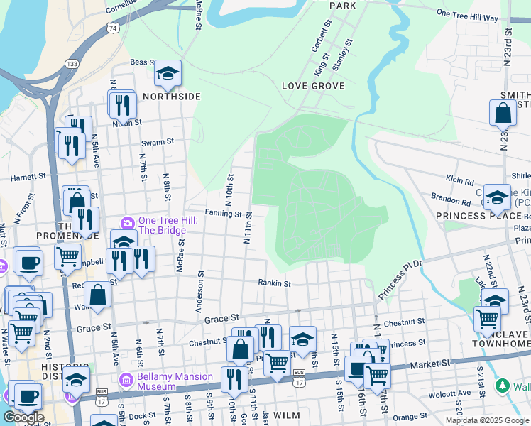 map of restaurants, bars, coffee shops, grocery stores, and more near 1117 Fanning Street in Wilmington