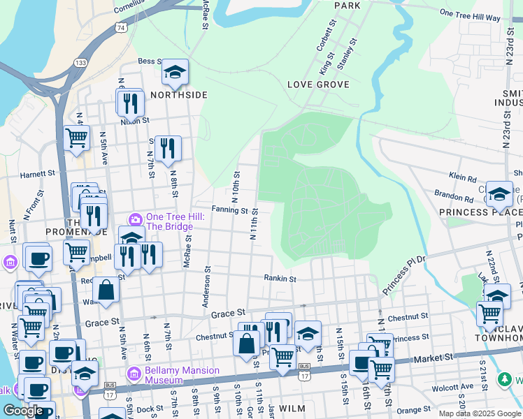 map of restaurants, bars, coffee shops, grocery stores, and more near 1105 Fanning Street in Wilmington