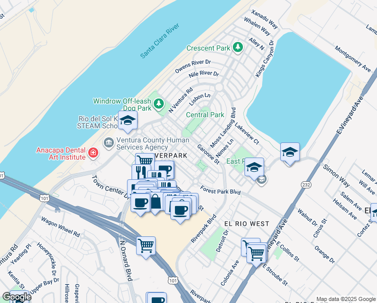 map of restaurants, bars, coffee shops, grocery stores, and more near 630 Green River Street in Oxnard