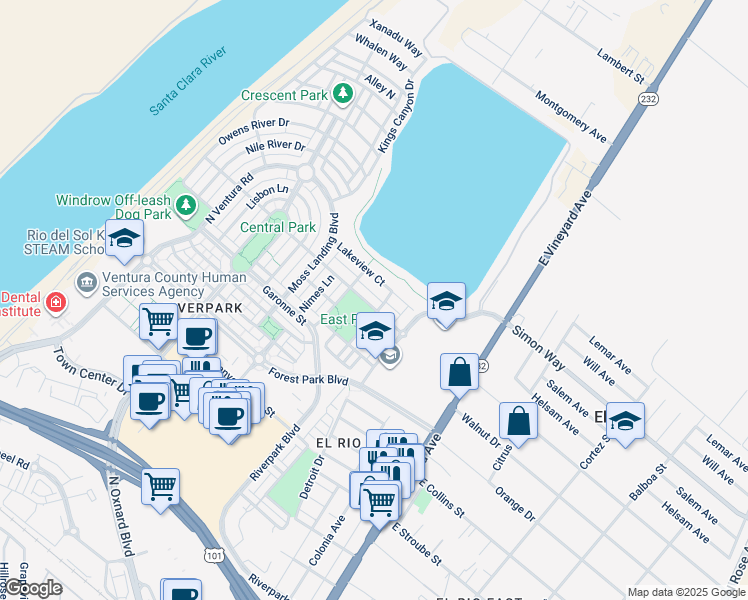map of restaurants, bars, coffee shops, grocery stores, and more near 328 Lakeview Court in Oxnard