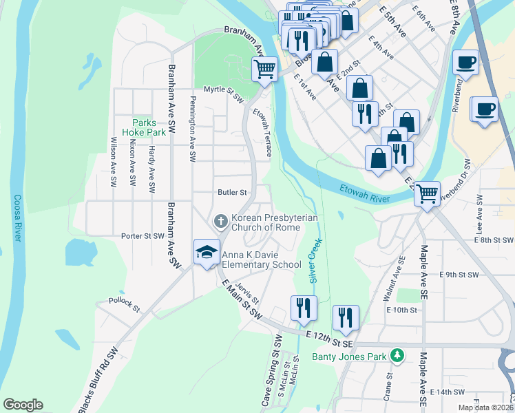map of restaurants, bars, coffee shops, grocery stores, and more near 3 Lookout Avenue Southwest in Rome