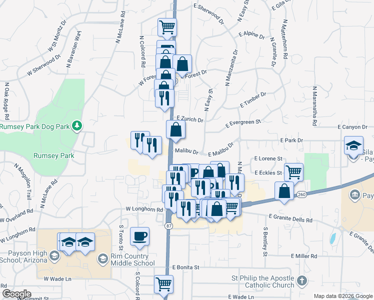 map of restaurants, bars, coffee shops, grocery stores, and more near 200 Malibu Drive in Payson