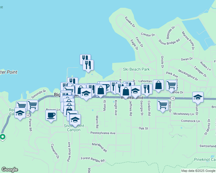 map of restaurants, bars, coffee shops, grocery stores, and more near in Big Bear Lake