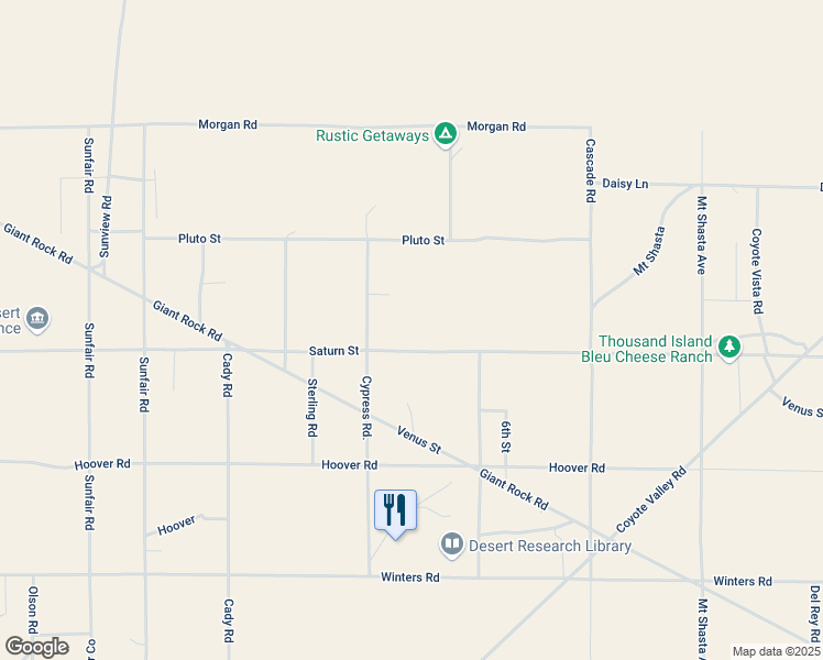 map of restaurants, bars, coffee shops, grocery stores, and more near 65370 Brant Crossing Road in Joshua Tree
