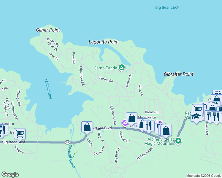 map of restaurants, bars, coffee shops, grocery stores, and more near 428 Shady Lane in Big Bear Lake