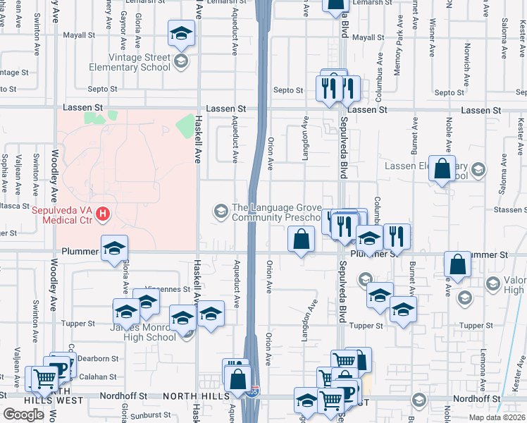 map of restaurants, bars, coffee shops, grocery stores, and more near 9605 Orion Avenue in Los Angeles