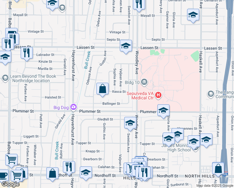 map of restaurants, bars, coffee shops, grocery stores, and more near 16318 Itasca Street in Los Angeles