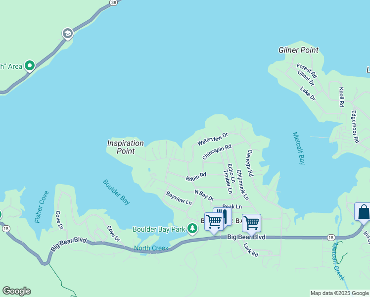 map of restaurants, bars, coffee shops, grocery stores, and more near 39008 Waterview Drive in Big Bear Lake