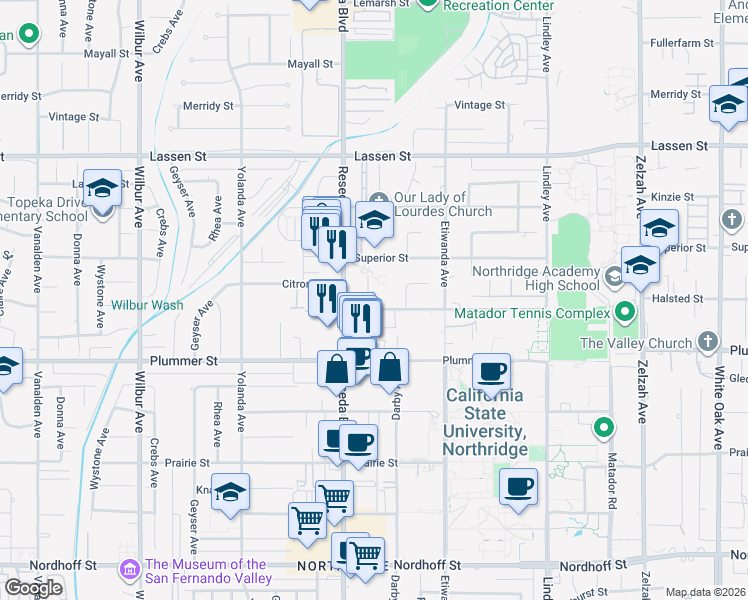 map of restaurants, bars, coffee shops, grocery stores, and more near 9626 Reseda Boulevard in Los Angeles