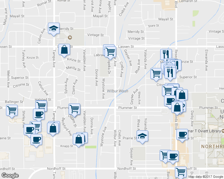 map of restaurants, bars, coffee shops, grocery stores, and more near 18901 Halsted Street in Los Angeles