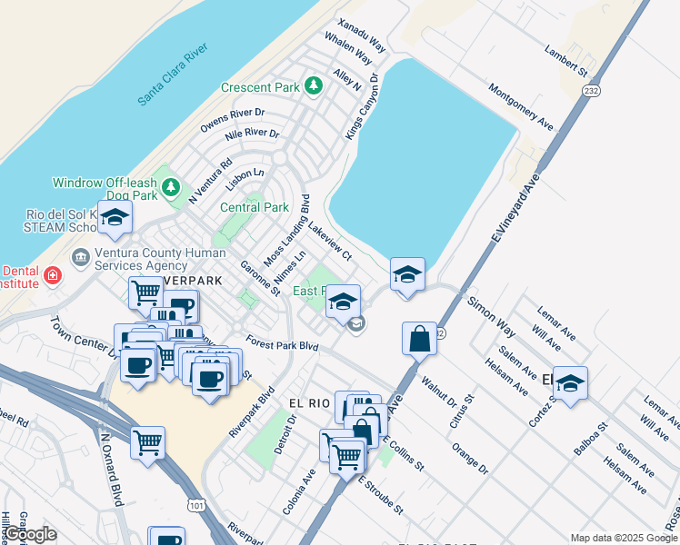 map of restaurants, bars, coffee shops, grocery stores, and more near 355 Kiawah River Drive in Oxnard