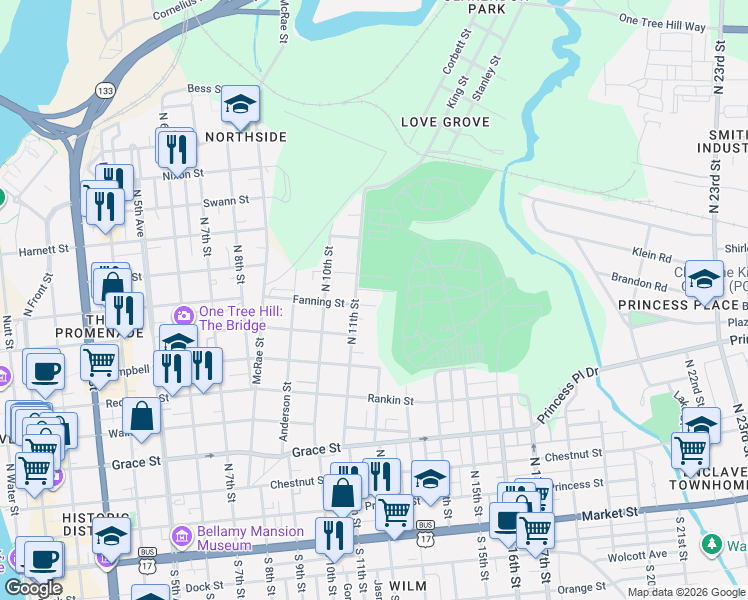 map of restaurants, bars, coffee shops, grocery stores, and more near 806 North 11th Street in Wilmington