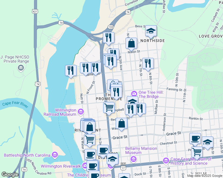 map of restaurants, bars, coffee shops, grocery stores, and more near 805 North 4th Street in Wilmington