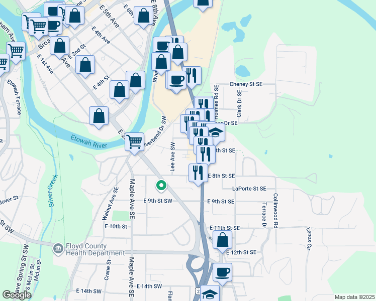 map of restaurants, bars, coffee shops, grocery stores, and more near 313 East 7th Street Southwest in Rome