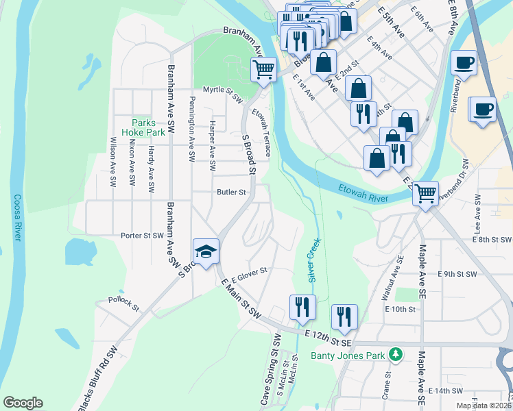 map of restaurants, bars, coffee shops, grocery stores, and more near 3 Lookout Avenue Southwest in Rome