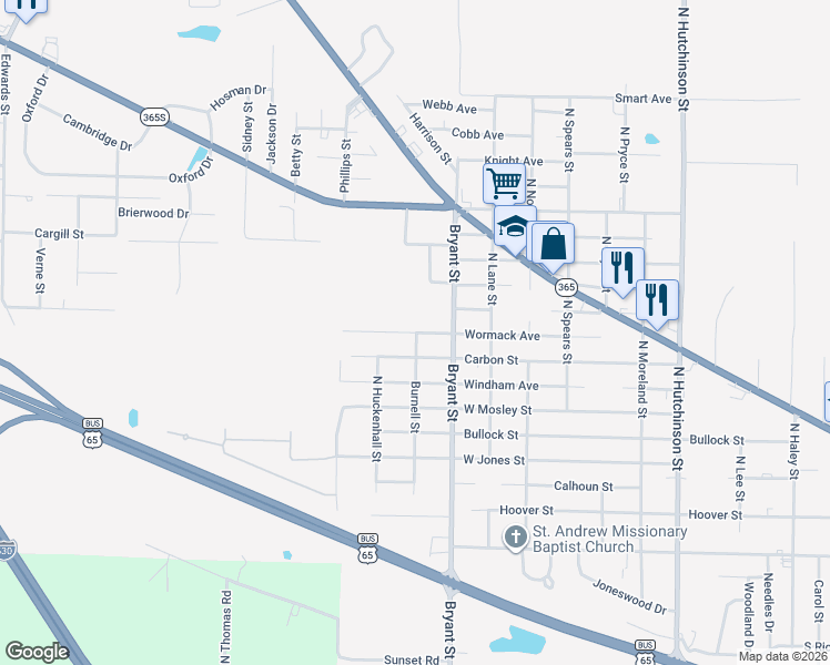 map of restaurants, bars, coffee shops, grocery stores, and more near 6215 Wormack Avenue in Pine Bluff