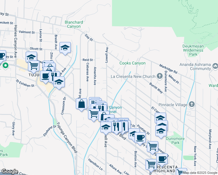 map of restaurants, bars, coffee shops, grocery stores, and more near 4728 Lowell Avenue in Glendale