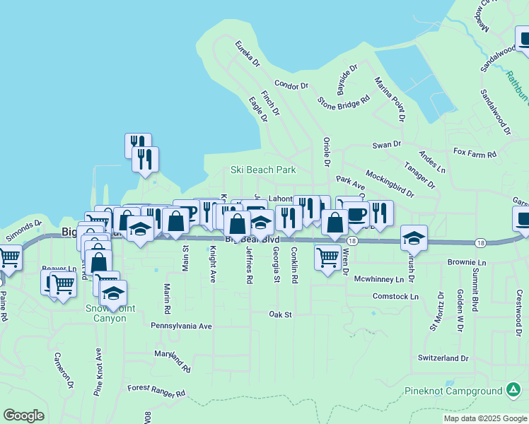 map of restaurants, bars, coffee shops, grocery stores, and more near 423 Jeffries Road in Big Bear Lake
