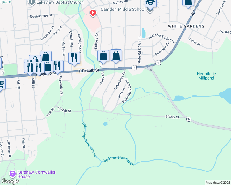 map of restaurants, bars, coffee shops, grocery stores, and more near 47 Lakeshore Drive in Camden
