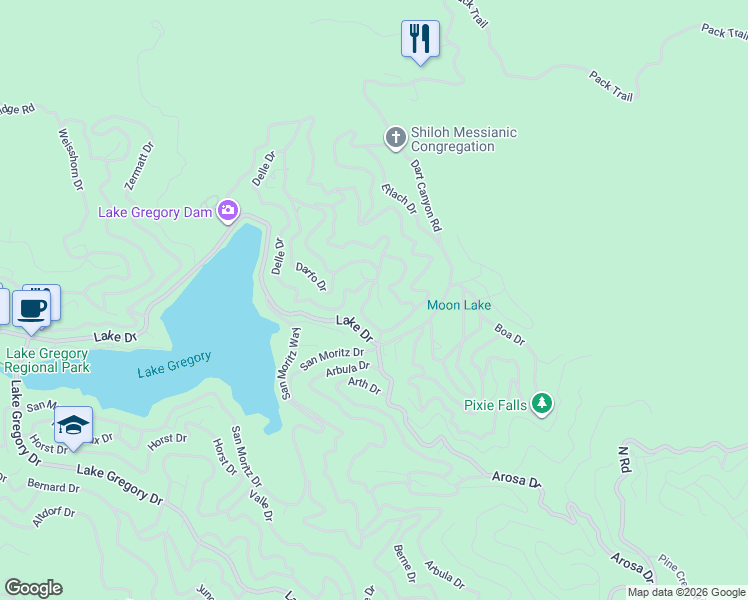 map of restaurants, bars, coffee shops, grocery stores, and more near 462 Davos Drive in Crestline