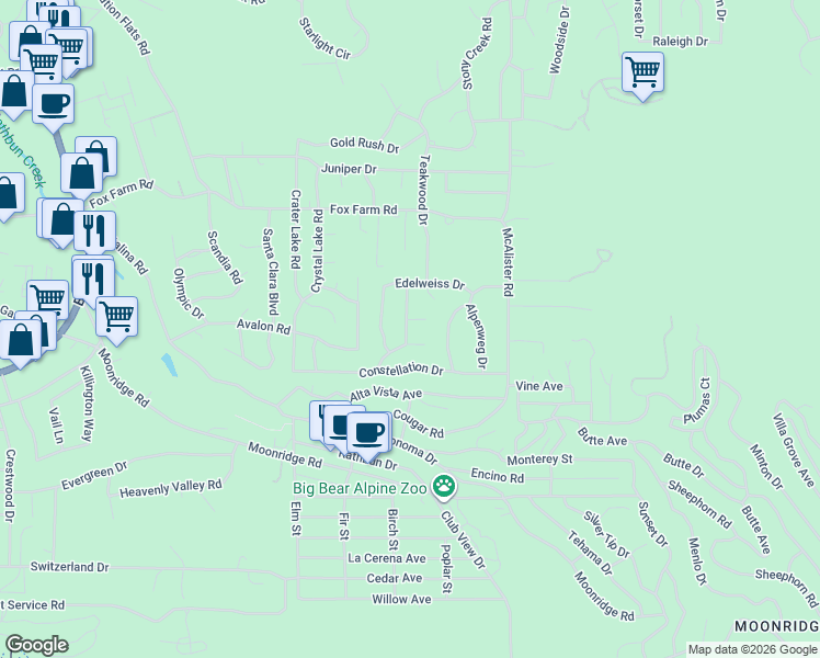map of restaurants, bars, coffee shops, grocery stores, and more near 42725 Tannenbaum Platz in Big Bear Lake